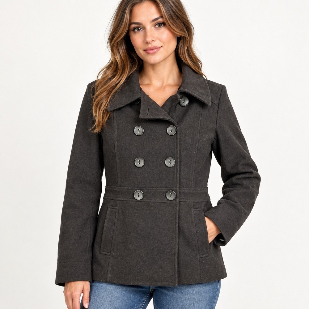 YMI Womens Double Breasted Pea Coat Black Wool Blend Jacket XL